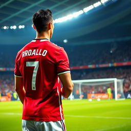 Cristiano Ronaldo, wearing the iconic number 7 jersey, is positioned to take a free kick, standing with his back to the viewer