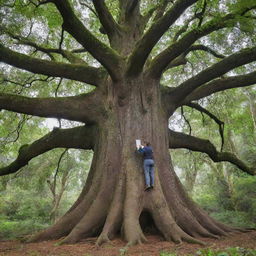 A large and majestic tree, with a researcher studying it. The researcher is equipped with tools for tree analysis and is focused on their work.