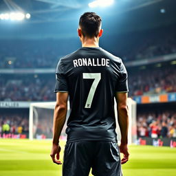 Cristiano Ronaldo, wearing the iconic number 7 jersey, is positioned to take a free kick, standing with his back to the viewer