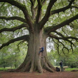 A large and majestic tree, with a researcher studying it. The researcher is equipped with tools for tree analysis and is focused on their work.