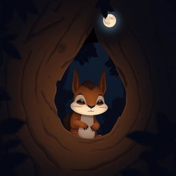 At night, a cute little brown squirrel is hiding in a tree hollow, staring blankly with a pitiful expression