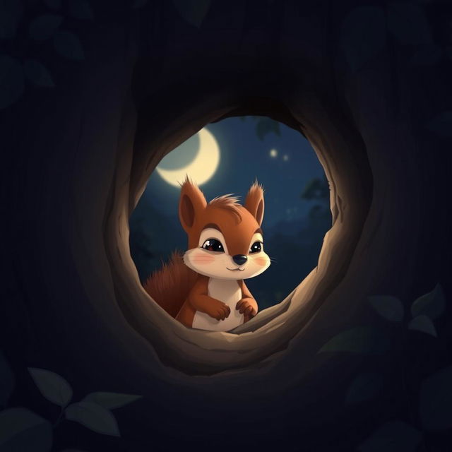 At night, a cute little brown squirrel is hiding in a tree hollow, staring blankly with a pitiful expression