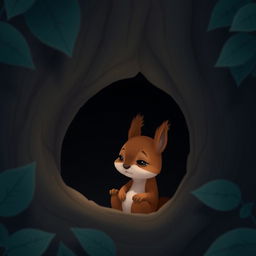 At night, a cute little brown squirrel is hiding in a tree hollow, staring blankly with a pitiful expression