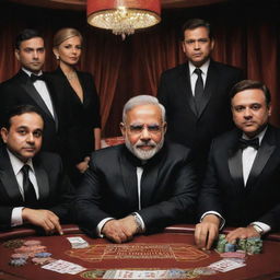 Imaginary scene: Caricature of Narendra Modi in a stylized 'mafia' avatar, in a sharp black suit, presiding over a tense gambling table with his entourage, all dressed in matching attire, in a dimly lit, glamorous establishment.