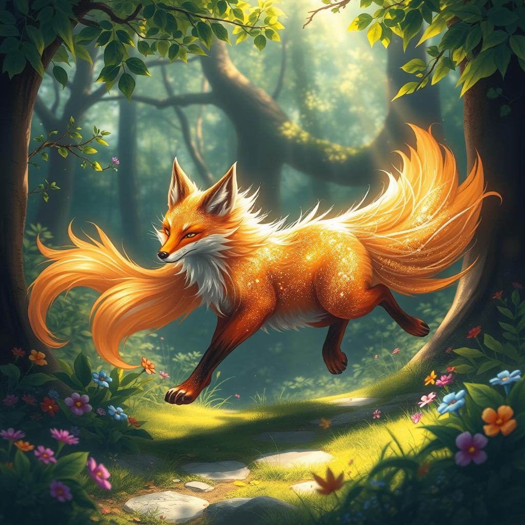 A beautiful and vibrant depiction of a Kitsu-ne (fox spirit) running gracefully through a lush, enchanted forest