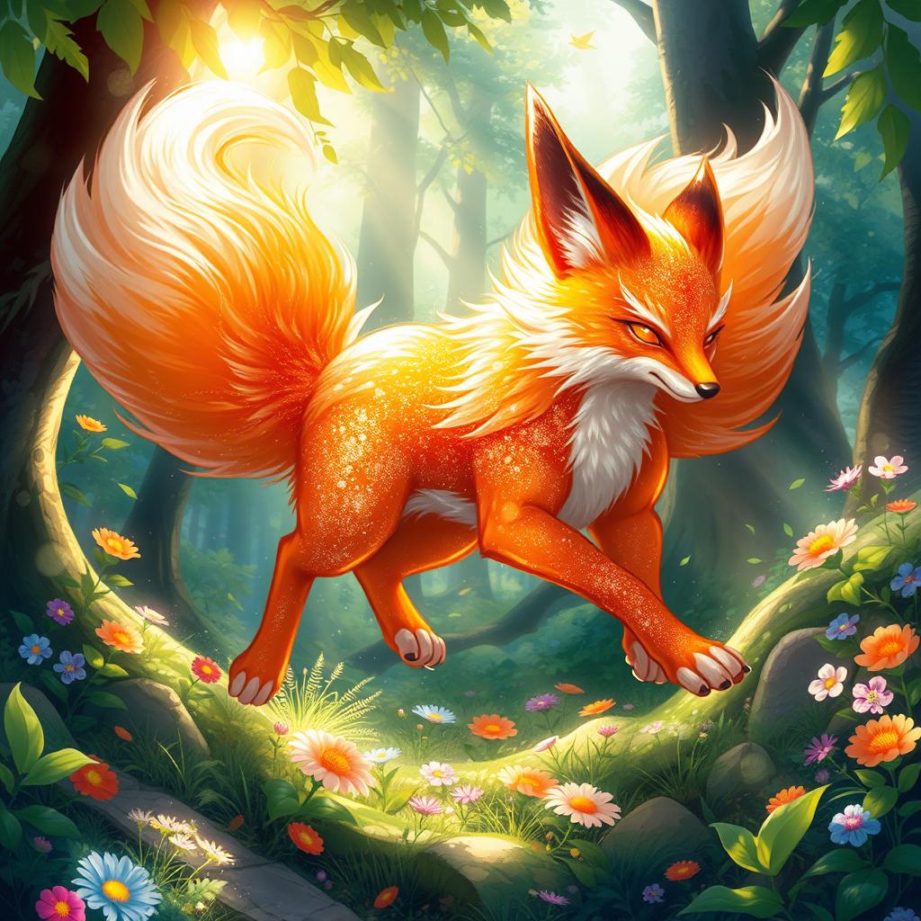 A beautiful and vibrant depiction of a Kitsu-ne (fox spirit) running gracefully through a lush, enchanted forest