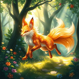 A beautiful and vibrant depiction of a Kitsu-ne (fox spirit) running gracefully through a lush, enchanted forest