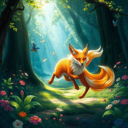 A beautiful and vibrant depiction of a Kitsu-ne (fox spirit) running gracefully through a lush, enchanted forest