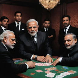 Imaginary scene: Caricature of Narendra Modi in a stylized 'mafia' avatar, in a sharp black suit, presiding over a tense gambling table with his entourage, all dressed in matching attire, in a dimly lit, glamorous establishment.