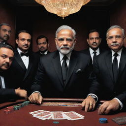 Imaginary scene: Caricature of Narendra Modi in a stylized 'mafia' avatar, in a sharp black suit, presiding over a tense gambling table with his entourage, all dressed in matching attire, in a dimly lit, glamorous establishment.