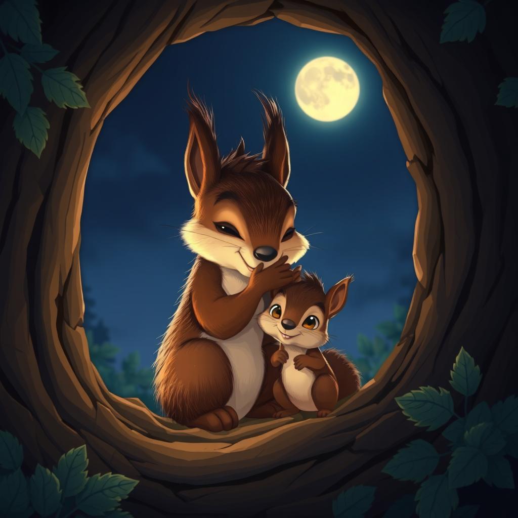 At night, inside a tree hollow, a large brown squirrel gently strokes the head of a cute little brown squirrel