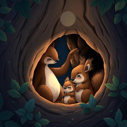 At night, inside a tree hollow, a large brown squirrel gently strokes the head of a cute little brown squirrel