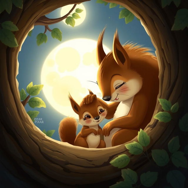 At night, inside a tree hollow, a large brown squirrel gently strokes the head of a cute little brown squirrel