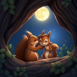 At night, inside a tree hollow, a large brown squirrel gently strokes the head of a cute little brown squirrel