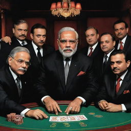 Imaginary scene: Caricature of Narendra Modi in a stylized 'mafia' avatar, in a sharp black suit, presiding over a tense gambling table with his entourage, all dressed in matching attire, in a dimly lit, glamorous establishment.