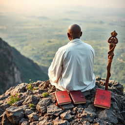 A book cover filled with an image of a bald black guru, an adult eremite, sitting completely with his back to the viewer on a rocky mountain peak