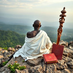 A book cover filled with an image of a bald black guru, an adult eremite, sitting completely with his back to the viewer on a rocky mountain peak