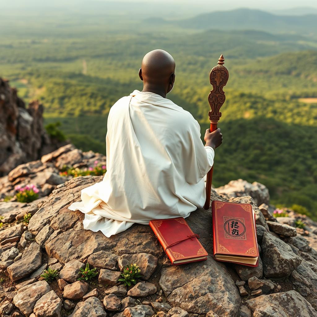 A book cover filled with an image of a bald black guru, an adult eremite, sitting completely with his back to the viewer on a rocky mountain peak