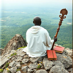 A book cover filled with an image of a bald black guru, an adult eremite, sitting completely with his back to the viewer on a rocky mountain peak