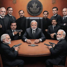 Caricature of Narendra Modi in a stylized 'mafia' avatar, seated at a table studded with symbolic guns, surrounded by his members, all in severe black suits, in an elusive hideaway.