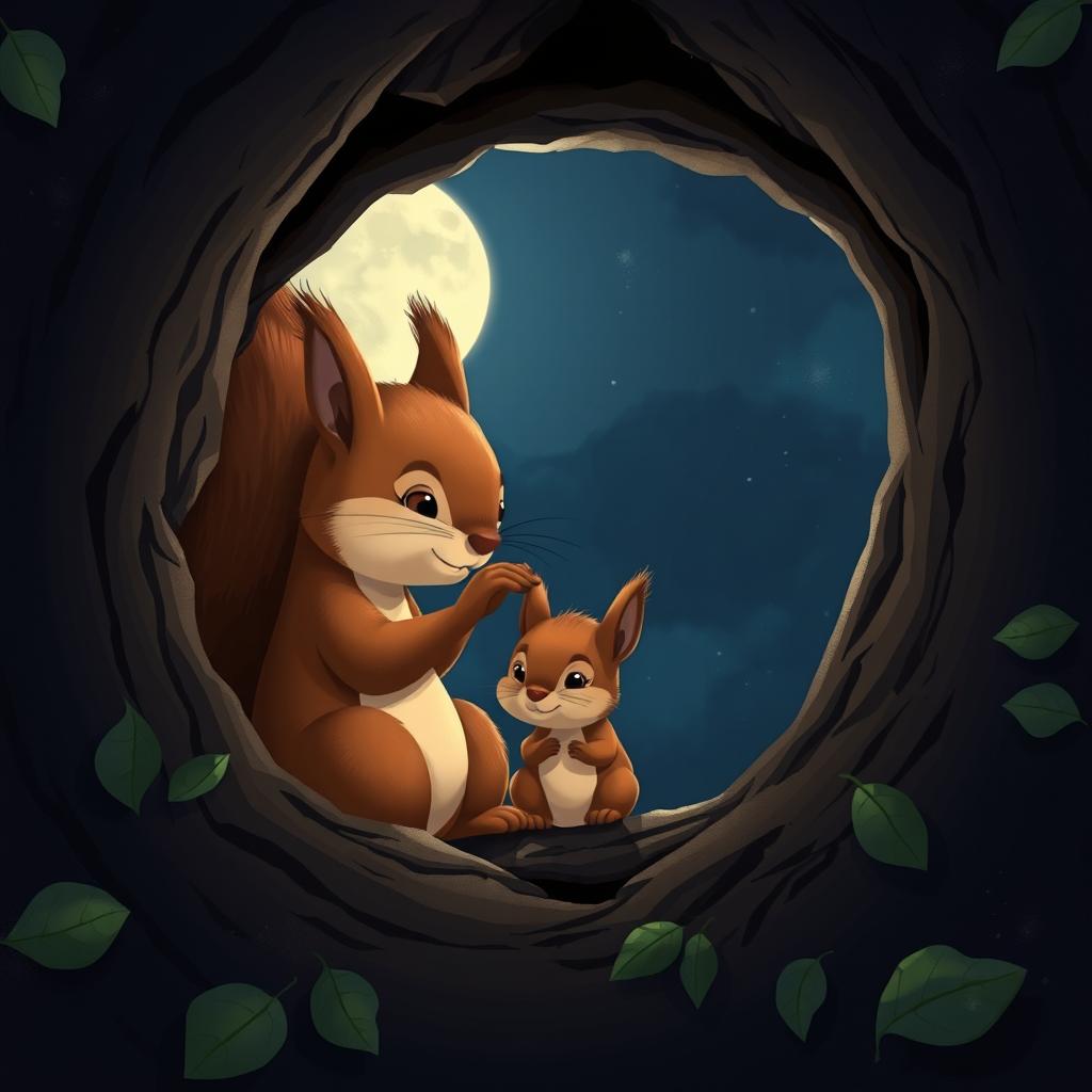 At night, inside a tree hollow, a large brown squirrel gently strokes the head of a cute little brown squirrel