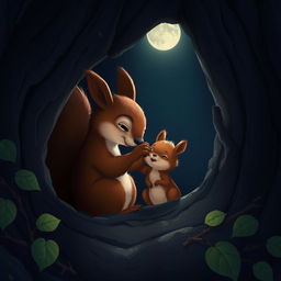 At night, inside a tree hollow, a large brown squirrel gently strokes the head of a cute little brown squirrel