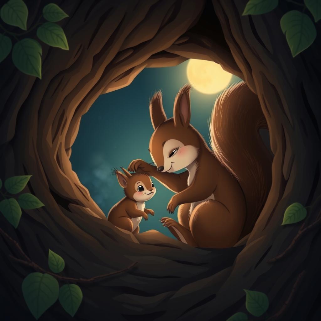 At night, inside a tree hollow, a large brown squirrel gently strokes the head of a cute little brown squirrel