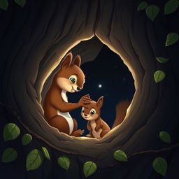 At night, inside a tree hollow, a large brown squirrel gently strokes the head of a cute little brown squirrel