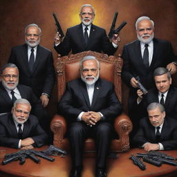 Caricature of Narendra Modi in a stylized 'mafia' avatar, seated at a table studded with symbolic guns, surrounded by his members, all in severe black suits, in an elusive hideaway.