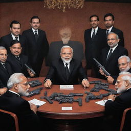 Caricature of Narendra Modi in a stylized 'mafia' avatar, seated at a table studded with symbolic guns, surrounded by his members, all in severe black suits, in an elusive hideaway.