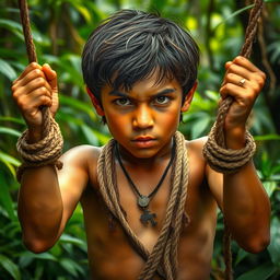 An adolescent jungle boy resembling Mowgli, depicted in a dramatic scene where he is tied up with both hands, showing a sense of struggle and resilience