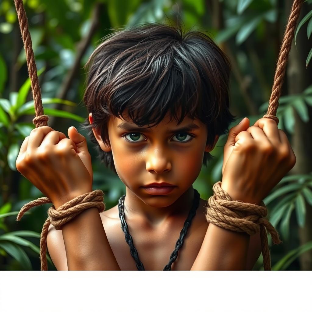 An adolescent jungle boy resembling Mowgli, depicted in a dramatic scene where he is tied up with both hands, showing a sense of struggle and resilience