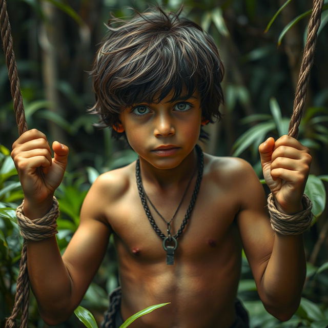 An adolescent jungle boy resembling Mowgli, depicted in a dramatic scene where he is tied up with both hands, showing a sense of struggle and resilience