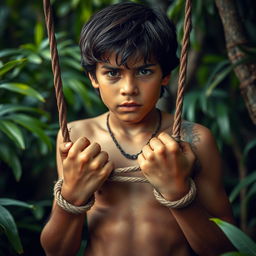 An adolescent jungle boy resembling Mowgli, depicted in a dramatic scene where he is tied up with both hands, showing a sense of struggle and resilience