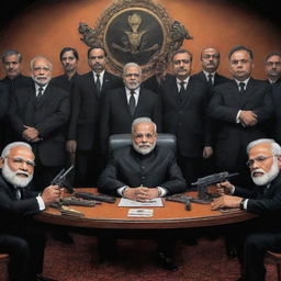 Caricature of Narendra Modi in a stylized 'mafia' avatar, seated at a table studded with symbolic guns, surrounded by his members, all in severe black suits, in an elusive hideaway.