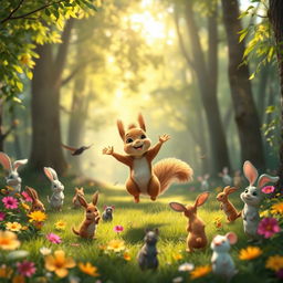 In the morning, in a lush forest, a cute little brown squirrel is joyfully hopping in the sunshine alongside many small animals