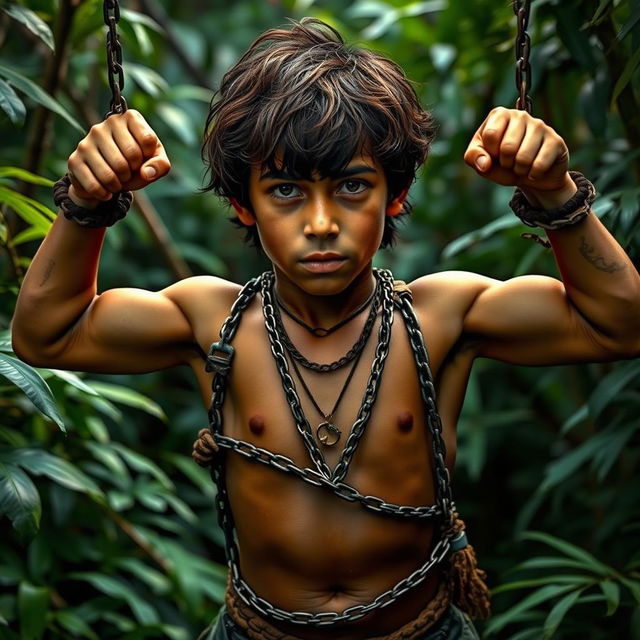 An adolescent jungle boy resembling Mowgli, depicted in a dramatic and adventurous scene where he is tied up with both hands and is flexing his armpits