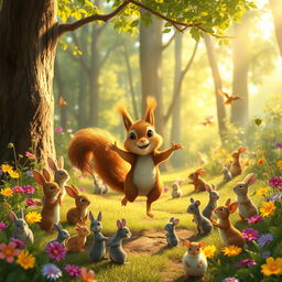 In the morning, in a lush forest, a cute little brown squirrel is joyfully hopping in the sunshine alongside many small animals