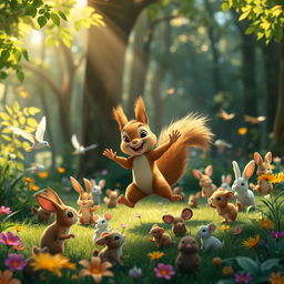 In the morning, in a lush forest, a cute little brown squirrel is joyfully hopping in the sunshine alongside many small animals