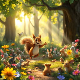 In the morning, in a lush forest, a cute little brown squirrel is joyfully hopping in the sunshine alongside many small animals