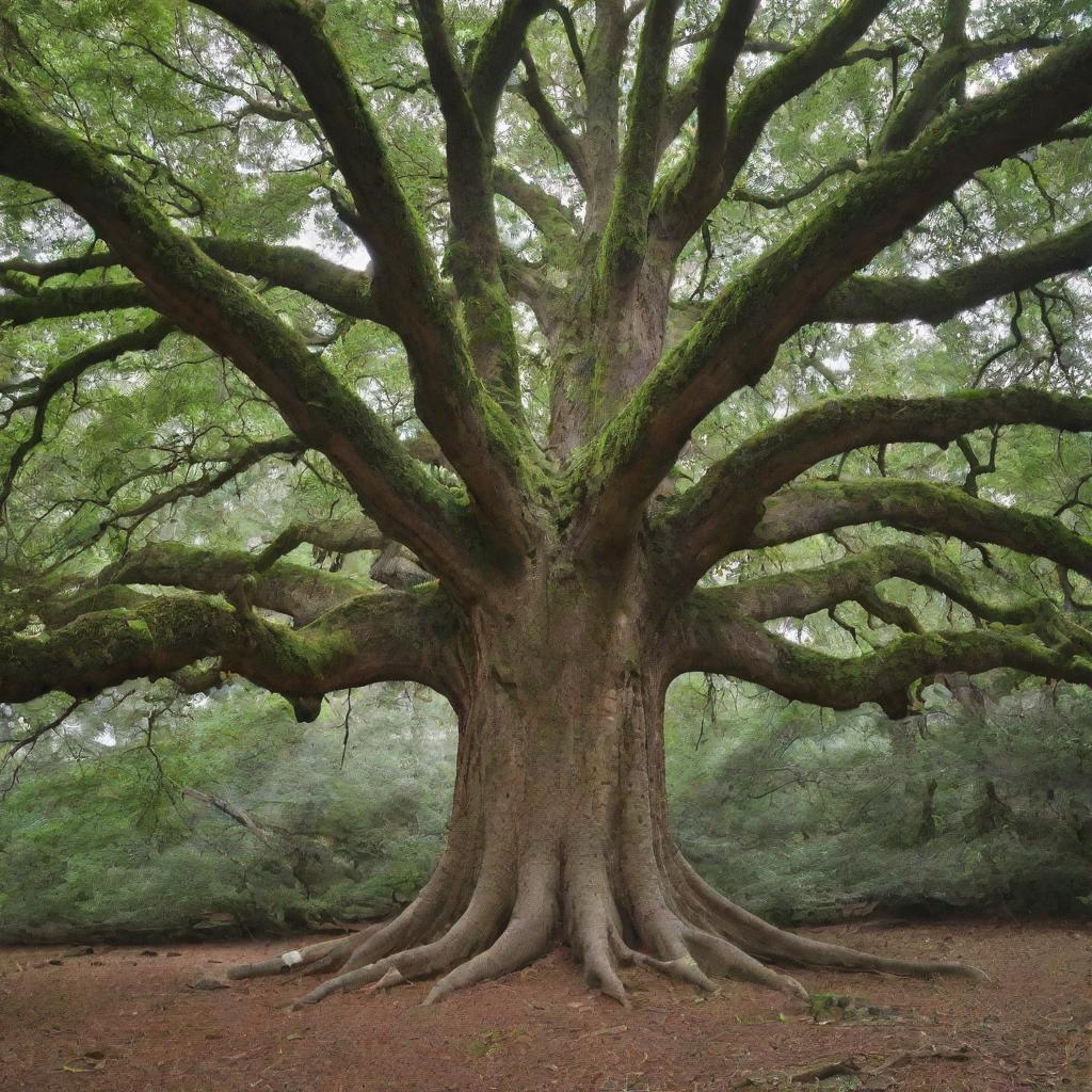 A vast, venerable tree serving as the study subject for a keen researcher. The researcher is equipped with tools for tree analysis, deeply engrossed in their work.