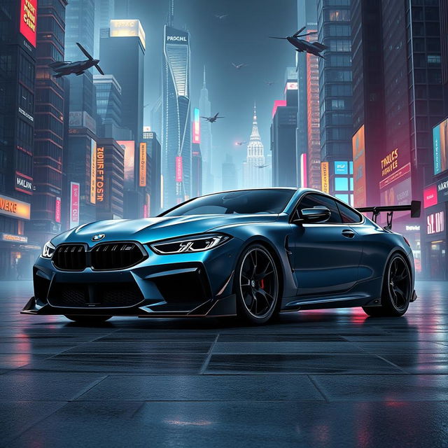 A high-performance BMW M8 featuring an aggressive body kit, displayed in the futuristic setting of a city in the year 2300