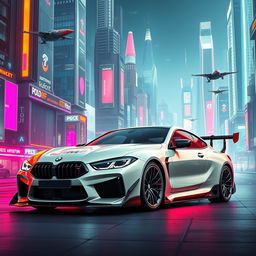 A high-performance BMW M8 featuring an aggressive body kit, displayed in the futuristic setting of a city in the year 2300