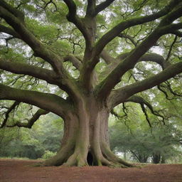 A vast, venerable tree serving as the study subject for a keen researcher. The researcher is equipped with tools for tree analysis, deeply engrossed in their work.