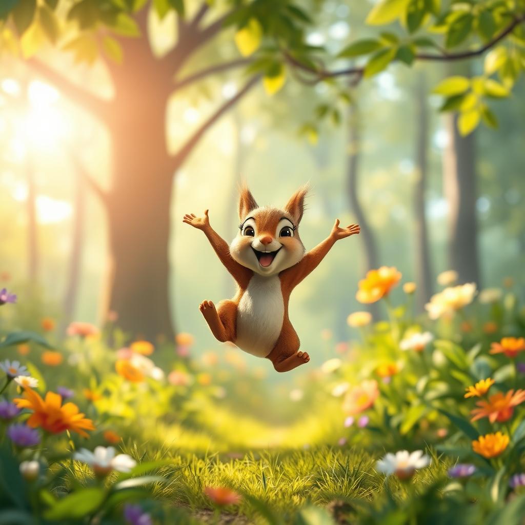 In the morning, in a vibrant forest, a cute little brown squirrel confidently leaps in the air, exuding pure joy and happiness