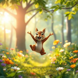 In the morning, in a vibrant forest, a cute little brown squirrel confidently leaps in the air, exuding pure joy and happiness