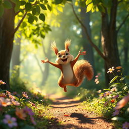 In the morning, in a vibrant forest, a cute little brown squirrel confidently leaps in the air, exuding pure joy and happiness