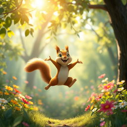 In the morning, in a vibrant forest, a cute little brown squirrel confidently leaps in the air, exuding pure joy and happiness