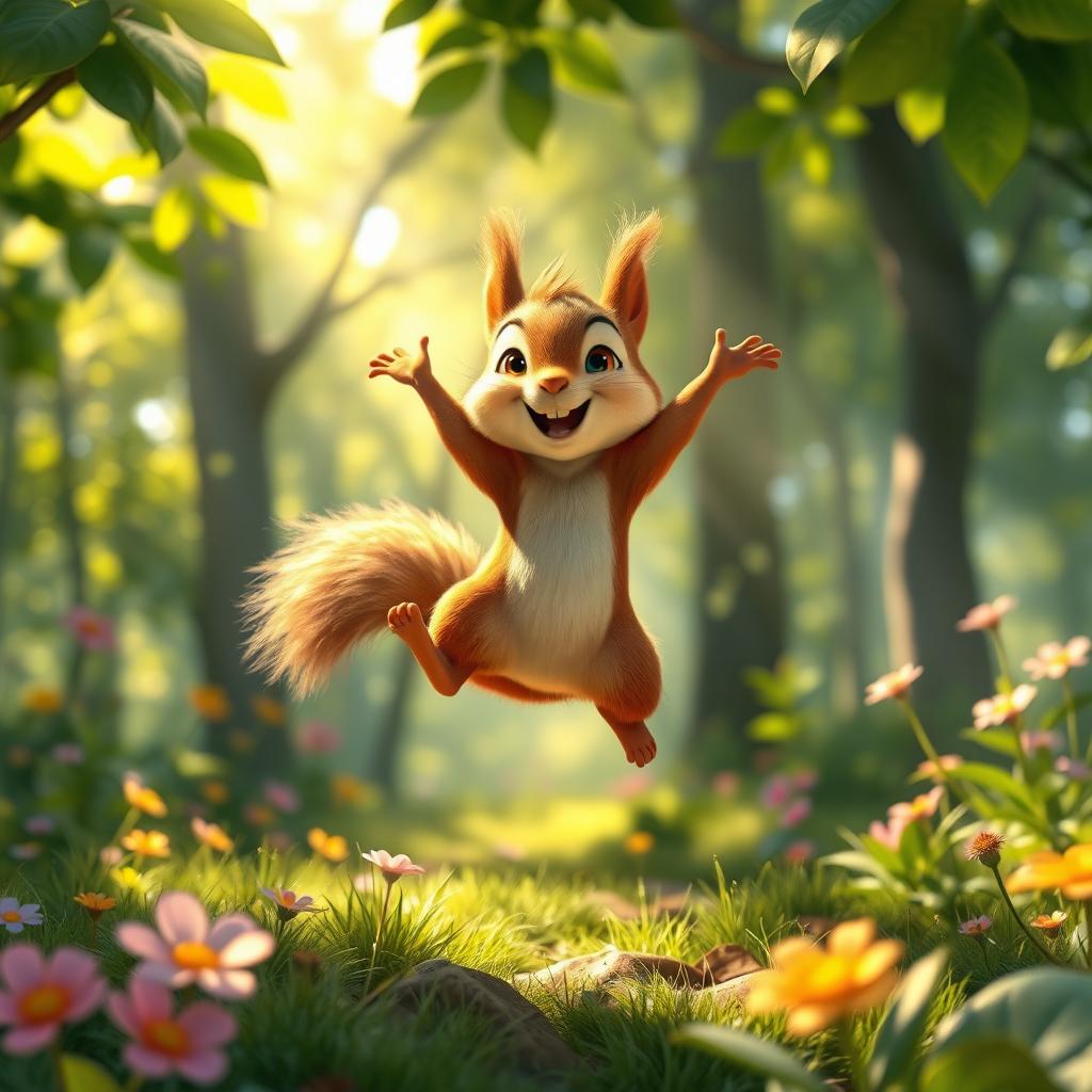 In the morning, in a vibrant forest, a cute little brown squirrel confidently leaps in the air, exuding pure joy and happiness