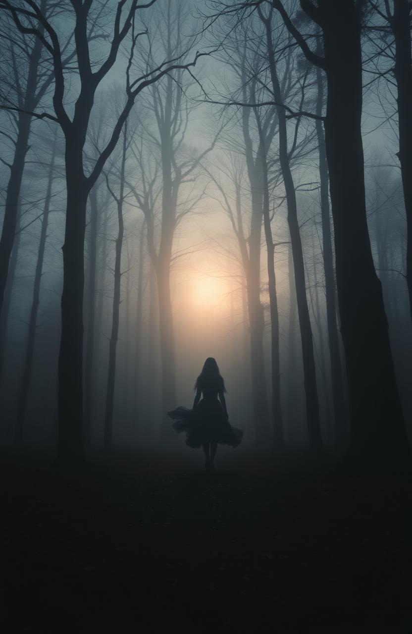 A mysterious and ethereal scene depicting a lost shadow wandering through a foggy forest at twilight